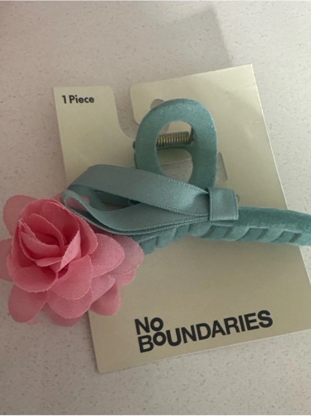 No Boundaries Pink Flower Teal Clip with Ribbon Accent